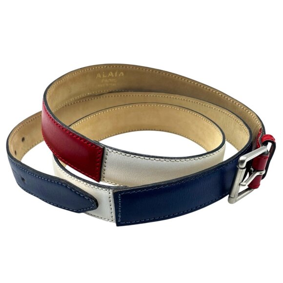 ALAIA Red White Blue Leather Color Block Thin Buckle Belt 70 US 28 Skinny 1.25" - Picture 6 of 14